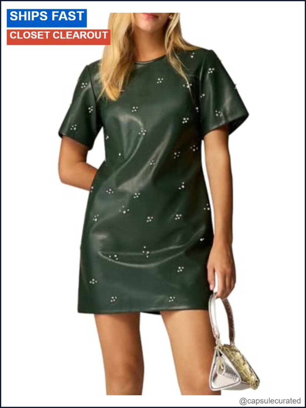 Faux Leather Rhinestone Mini Dress Short Sleeve Crew Neck A-line PU